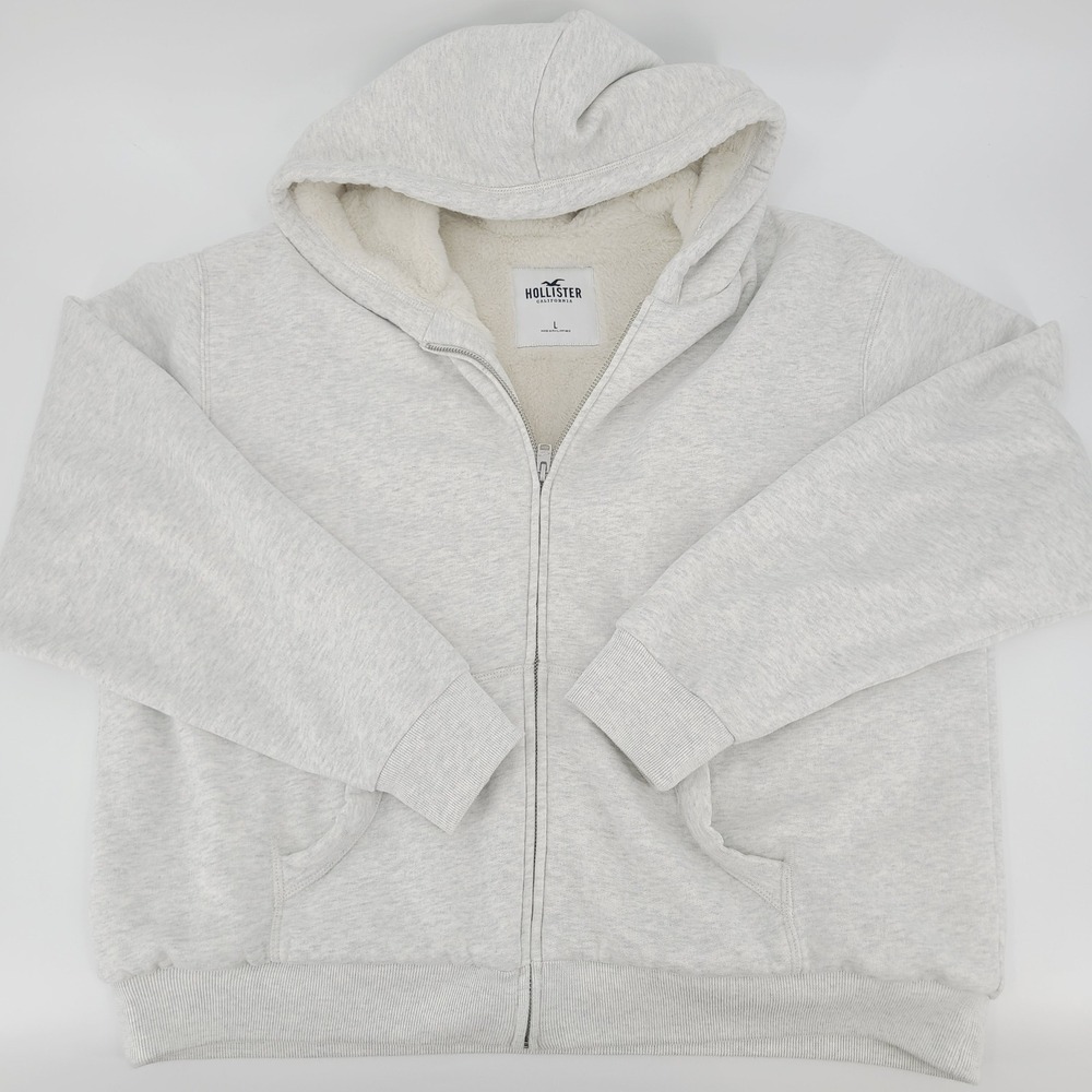 Hollister Sherpa Lined Zip Up Hoodie L NWOT Heather Grey Heavyweight‎ Cozy